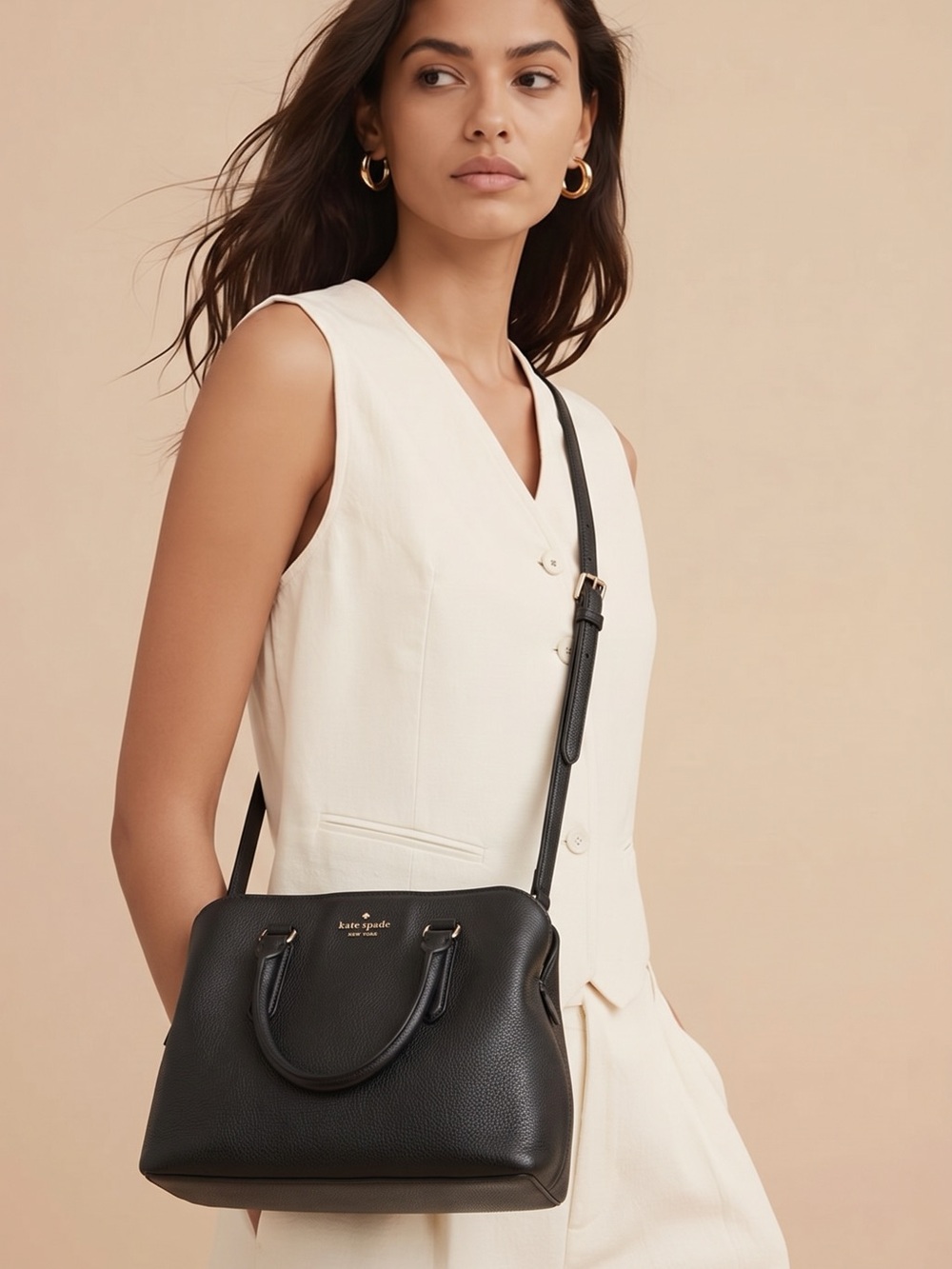 kate spade Black Pebbled Leather Satchel with Adjustable Strap